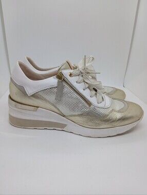 ​Ron White Rosa White Gold Metallic Leather Wedge Zip Sneakers 41 US 10
